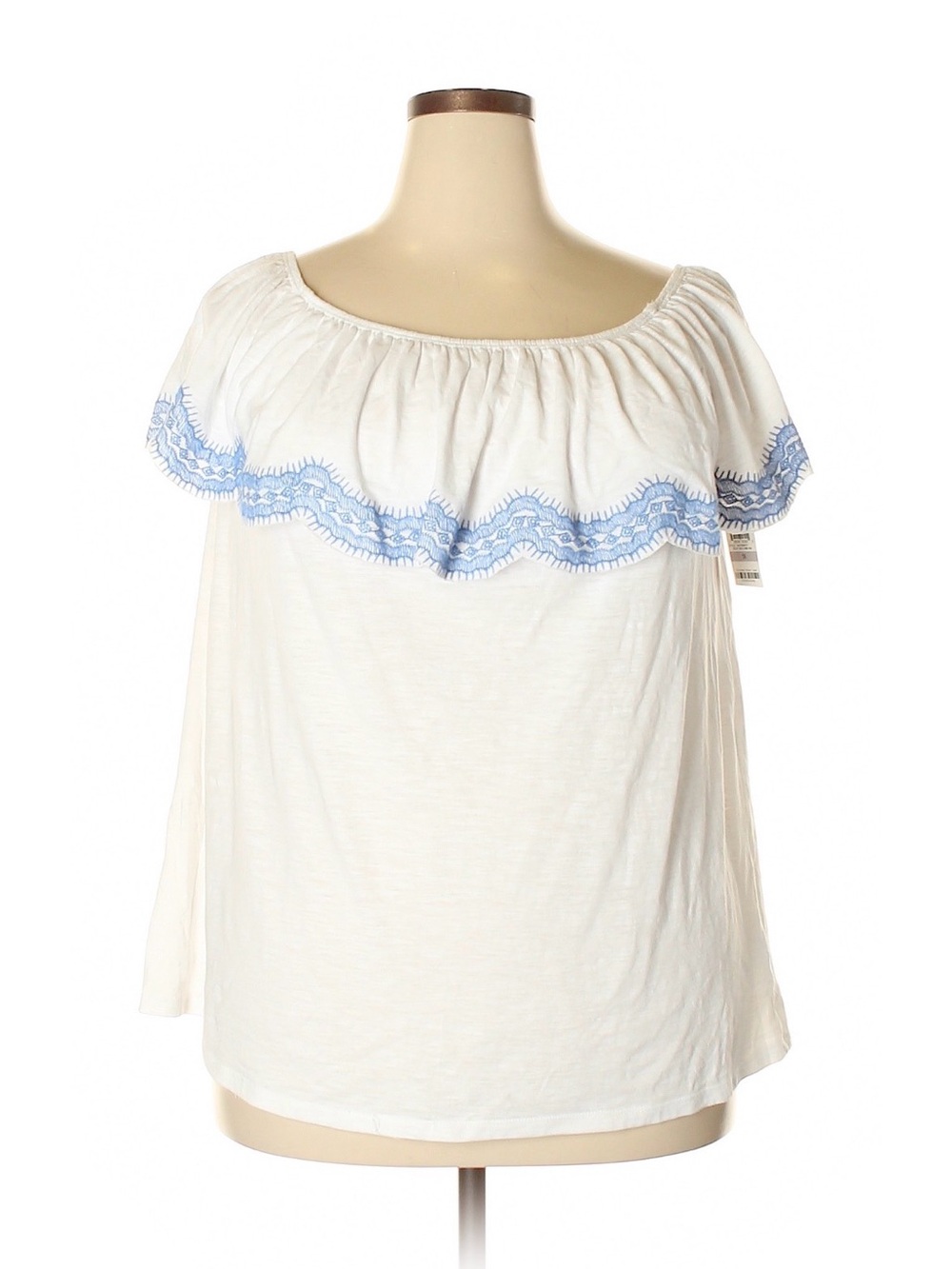 Style & Co. White Off-Shoulder Crop Top with Light Blue Trim